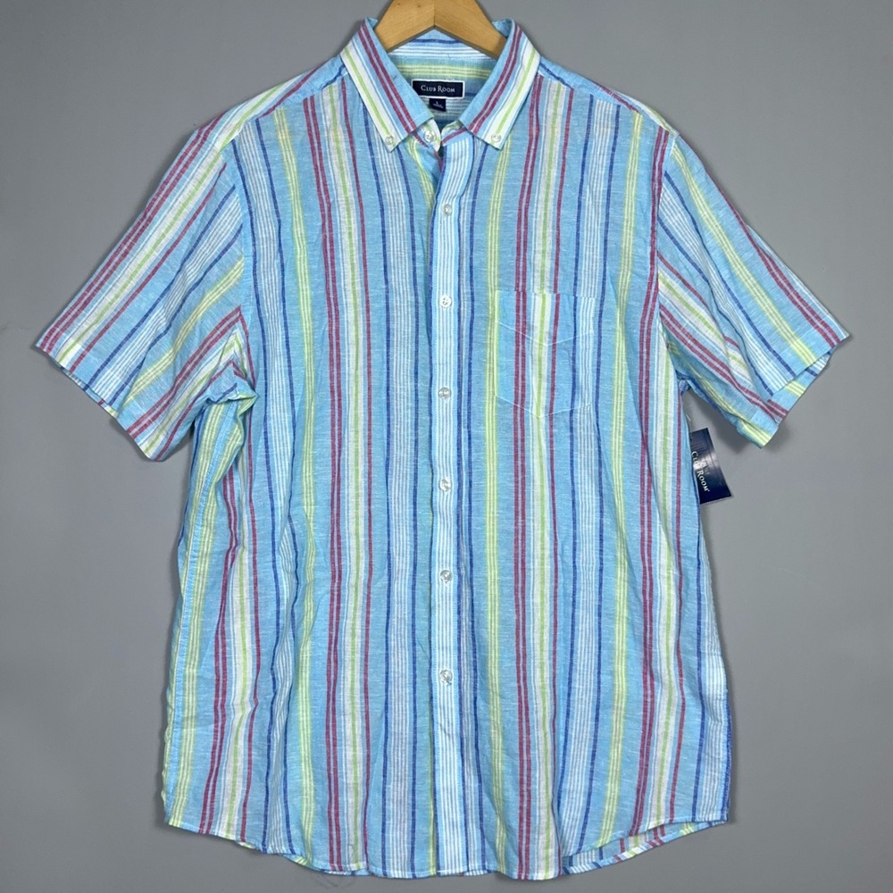 NWT Club‎ Room Button Down Linen Blend Shirt Mens Size Large Striped Blue Resort